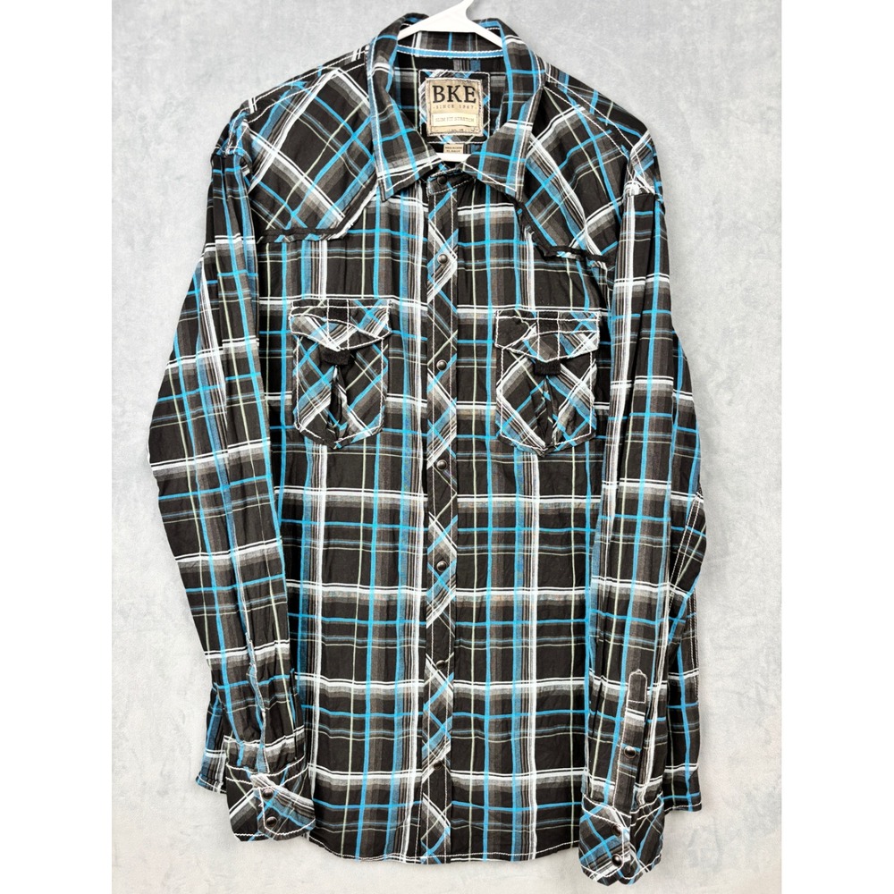 BKE Mens Slim Fit Stretch Western Plaid Snap Button Shirt Black Blue XL 11199NM